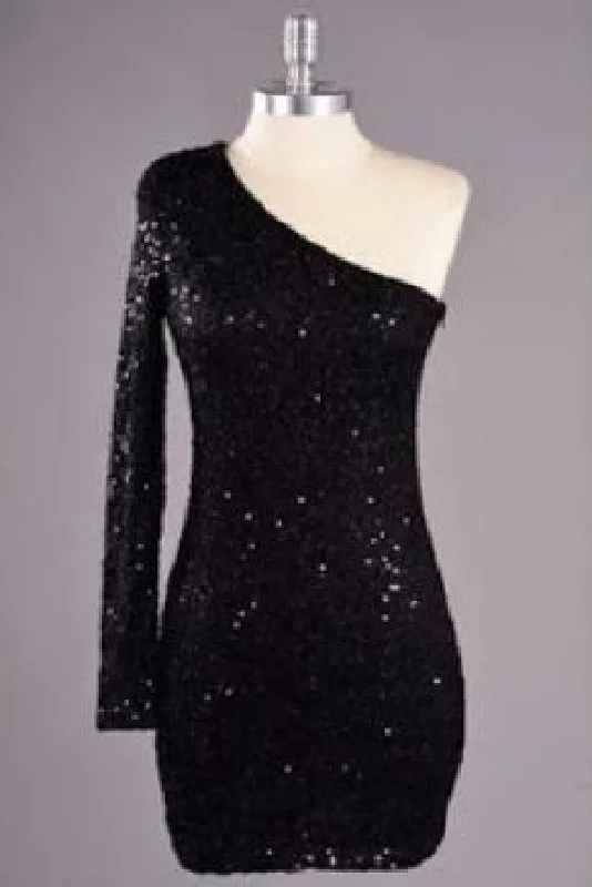 Allure Black Sequin One Sleeve Mini Dress