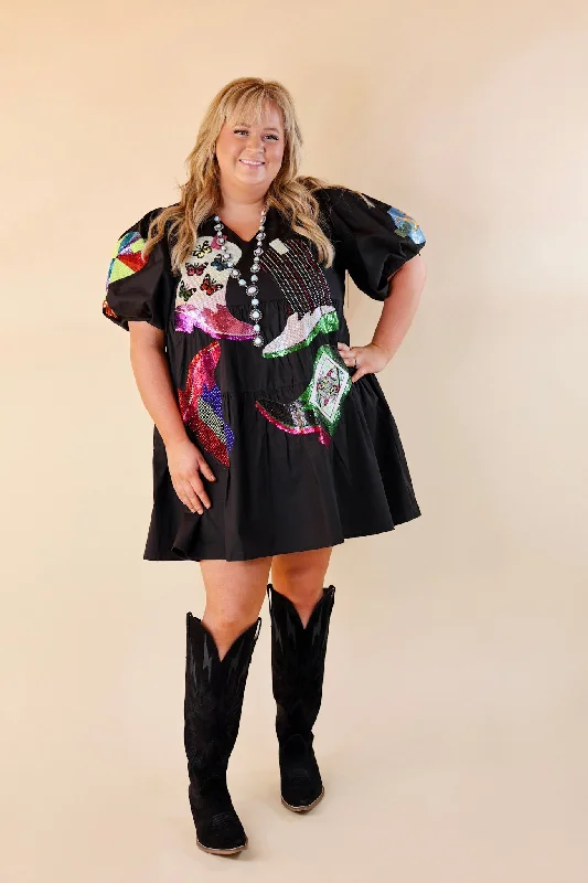 Queen Of Sparkles | Boot Scootin' Sequin Boot Icon Short Balloon Sleeve Dress in Black