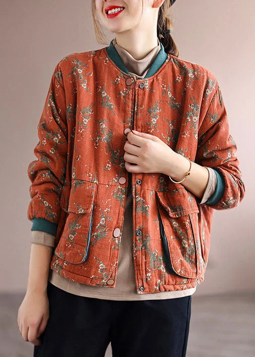 Women Orange Pockets Print Fine Cotton Filled Coats Spring