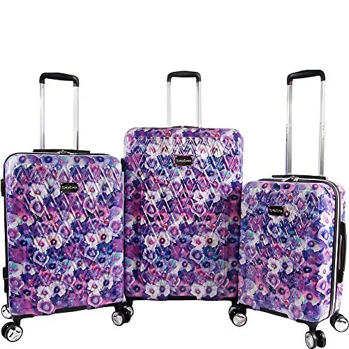 Travel Bag ID Card Holders in Clear Vinyl with LanyardsBEBE Women's Gia 3pc Suitcase Set with Spinner Wheels, Purple Pansies