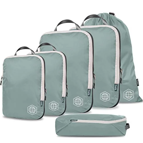 Travel - Size Toiletry Bottles with Leak - Proof Caps in ClearCompression Packing Cubes for Travel - Luggage and Backpack Organizer Packaging Cubes for Clothes (Dusty Teal and White, 6Piece)