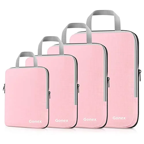 Travel Bag ID Card Holders in Clear Vinyl with LanyardsGonex Compression Packing Cubes, 4pcs Expandable Storage Travel Luggage Bags Organizers (Pink)
