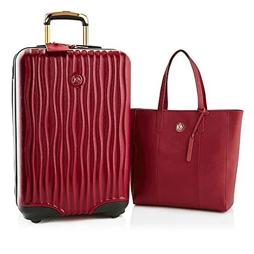 Travel - Size Toiletry Bottles with Leak - Proof Caps in ClearJoy Mangano Metallic Set ELite Hardside Luggage and Leather Tote, Berry Red Travel - Size Toiletry Bottles with Leak - Proof Caps in ClearJoy Mangano Metallic Set ELite Hardside Luggage and Leather Tote, Berry Red