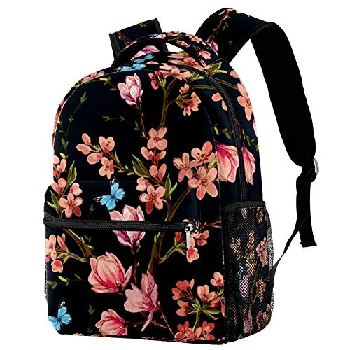 Women's Travel Makeup Bags with Mirror in Pink and BlackLORVIES Butterflies Tropical Japanese Flowers Magnolia Flowers Backpacks for Traveling Hiking Shopping