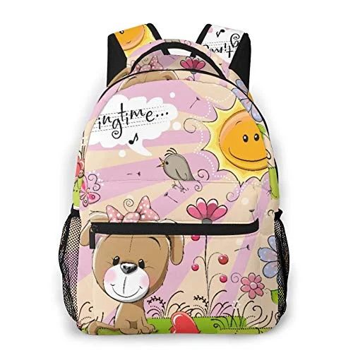 Travel Shoe Bags in Polyester with Ventilation Holes in KhakiMulti leisure backpack,Cute Cartoon Puppy On The Meadow With Flowers, travel sports School bag for adult youth College Students