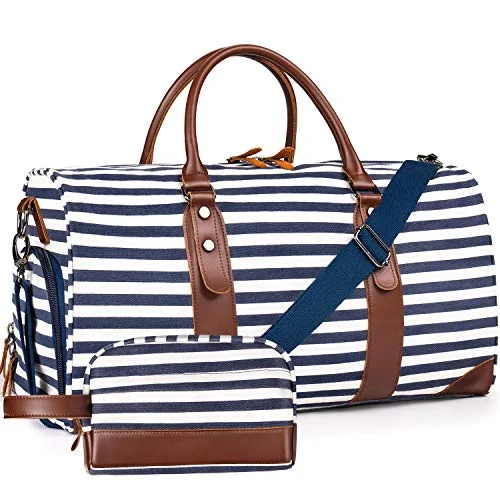Women's Travel Makeup Bags with Mirror in Pink and BlackOflamn 21" Weekender Bags Canvas Leather Duffle Bag Overnight Travel Carry On Tote Bag with Luggage Sleeve (Blue/White Striped)