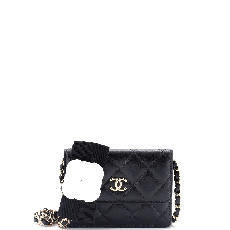 Women's money clip with a built - in card holderCamellia Bow Flap Card Holder with Chain Quilted Lambskin Women's money clip with a built - in card holderCamellia Bow Flap Card Holder with Chain Quilted Lambskin