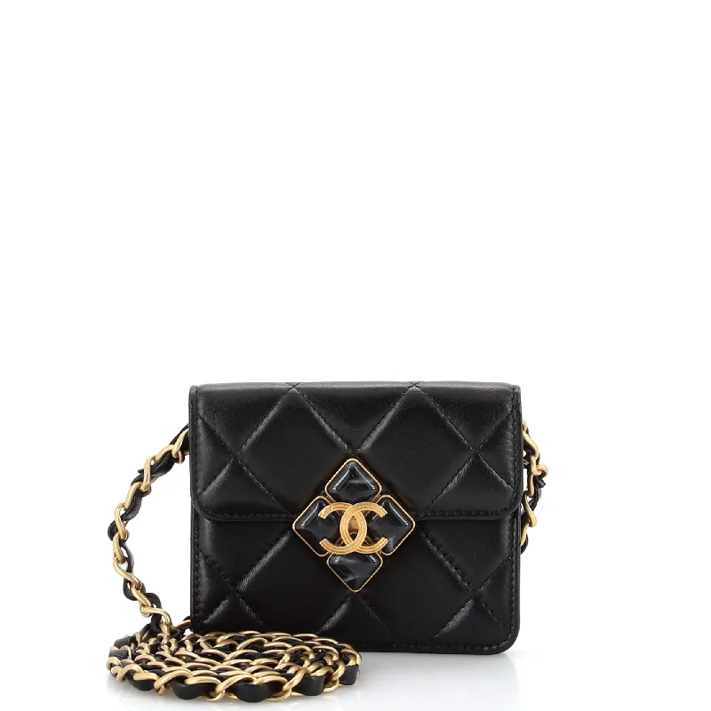 Women's money clip in a pastel color palette​CC Diamond Lock Flap Card Holder on Chain Quilted Lambskin