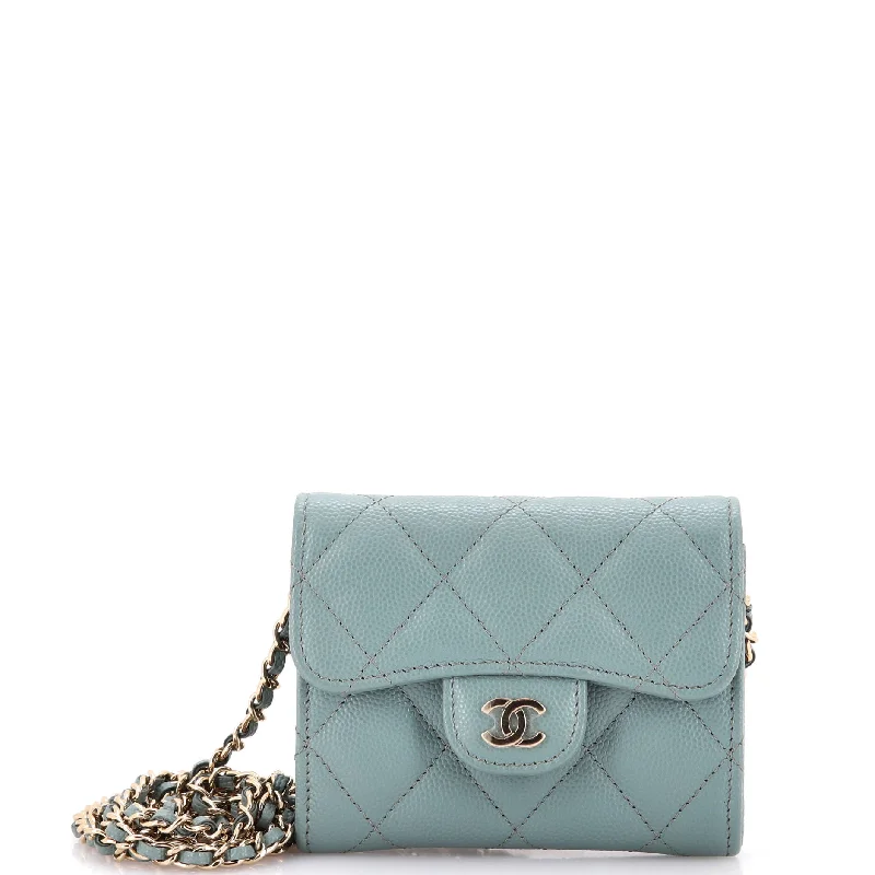 Women's money clip with a floral patternClassic Flap Card Holder on Chain Quilted Caviar Mini Women's money clip with a floral patternClassic Flap Card Holder on Chain Quilted Caviar Mini