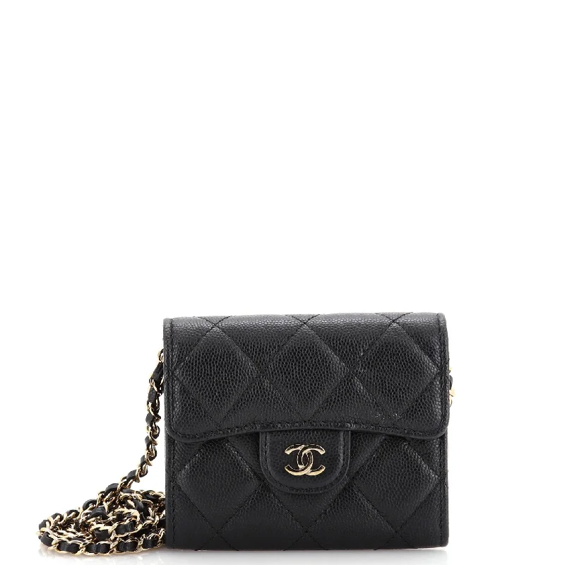 Women's money clip in a trendy geometric shapeClassic Zip Around Card Holder on Chain Quilted Caviar Mini Women's money clip in a trendy geometric shapeClassic Zip Around Card Holder on Chain Quilted Caviar Mini