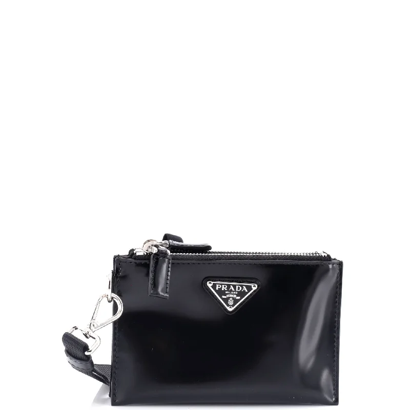 Women's money clip with a faux fur trim​Double Zip Wristlet Pouch Spazzolato Leather and Tessuto