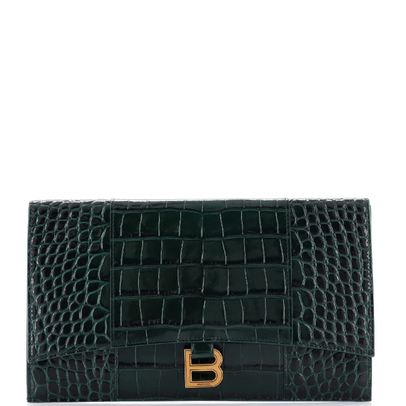 Women's money clip with a leather - wrapped metal coreHourglass Flap Flat Pouch Crocodile Embossed Leather Women's money clip with a leather - wrapped metal coreHourglass Flap Flat Pouch Crocodile Embossed Leather