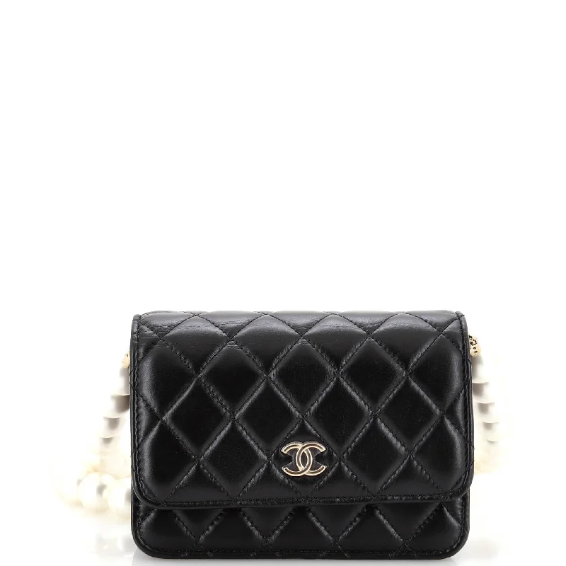 Women's money clip with a built - in card holderPearl Strap CC Wallet on Chain Quilted Calfskin Mini Women's money clip with a built - in card holderPearl Strap CC Wallet on Chain Quilted Calfskin Mini