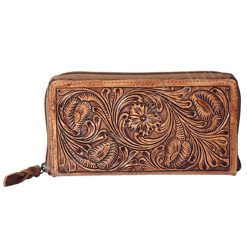 Women's money clip made of genuine crocodile leatherRanchin' Dream Tooled Leather Zip Wallet In Brown Women's money clip made of genuine crocodile leatherRanchin' Dream Tooled Leather Zip Wallet In Brown