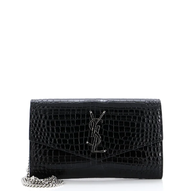 Women's money clip with a faux fur trimUptown Chain Wallet Crocodile Embossed Leather Women's money clip with a faux fur trimUptown Chain Wallet Crocodile Embossed Leather