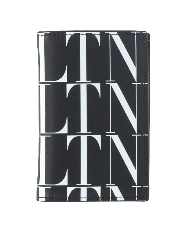 Sustainable women's money clip made from recycled materials​Valentino Garavani VLTN-Print Cardholder in Black Leather