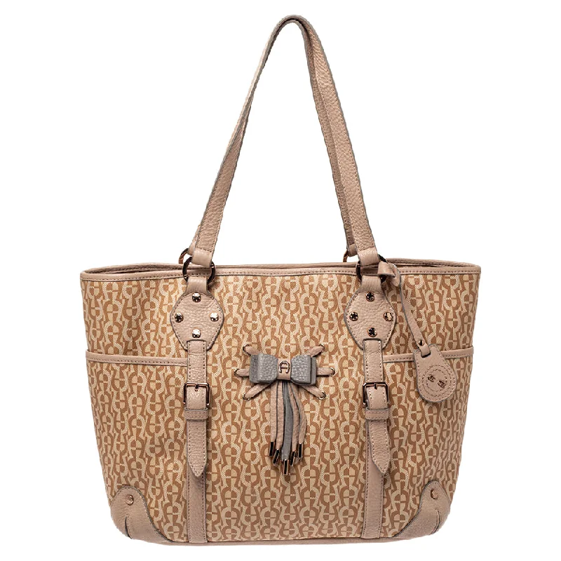 Waterproof Tote Bag in Yellow for Outdoor Activities in Wet WeatherAigner Beige/pink Signature Coated Canvas And Leather Bow Tote Waterproof Tote Bag in Yellow for Outdoor Activities in Wet WeatherAigner Beige/pink Signature Coated Canvas And Leather Bow Tote