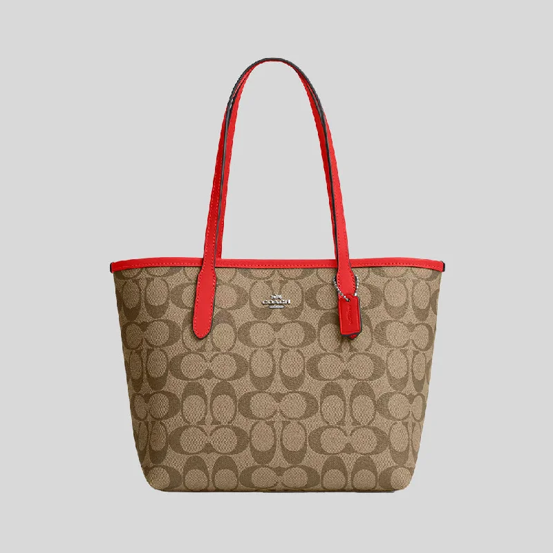 Medium - Sized Canvas Tote Bag in Navy Blue with Striped Pattern for a Nautical - Inspired LookCOACH Mini City Tote In Signature Canvas Khaki/Miami Red CN733 Medium - Sized Canvas Tote Bag in Navy Blue with Striped Pattern for a Nautical - Inspired LookCOACH Mini City Tote In Signature Canvas Khaki/Miami Red CN733