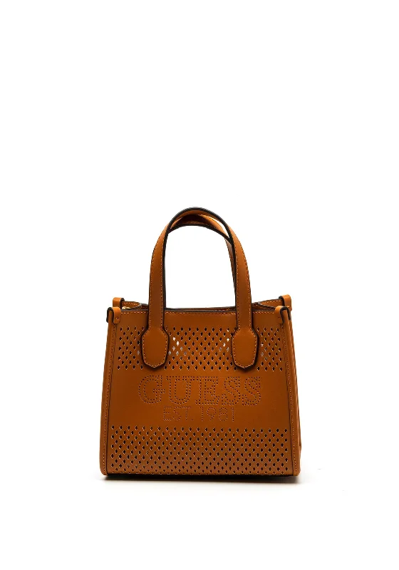 Women's Tote Bag with Magnetic Closure in Orange for Easy Access on the GoGuess Katey Perf Mini Tote, Cognac Women's Tote Bag with Magnetic Closure in Orange for Easy Access on the GoGuess Katey Perf Mini Tote, Cognac