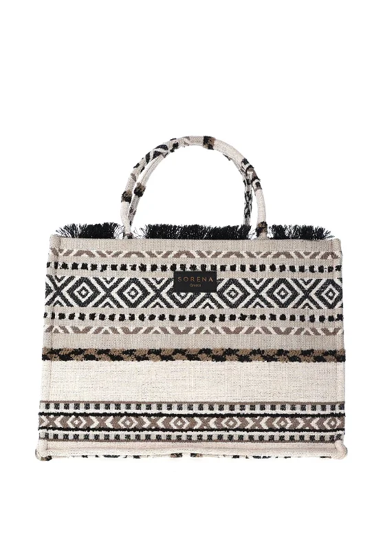 Linen Tote Bag in Natural Beige with Braided Details for a Rustic Summer EnsembleSorena Kimolos Aztec Velvet Tote Bag, Neutral Linen Tote Bag in Natural Beige with Braided Details for a Rustic Summer EnsembleSorena Kimolos Aztec Velvet Tote Bag, Neutral