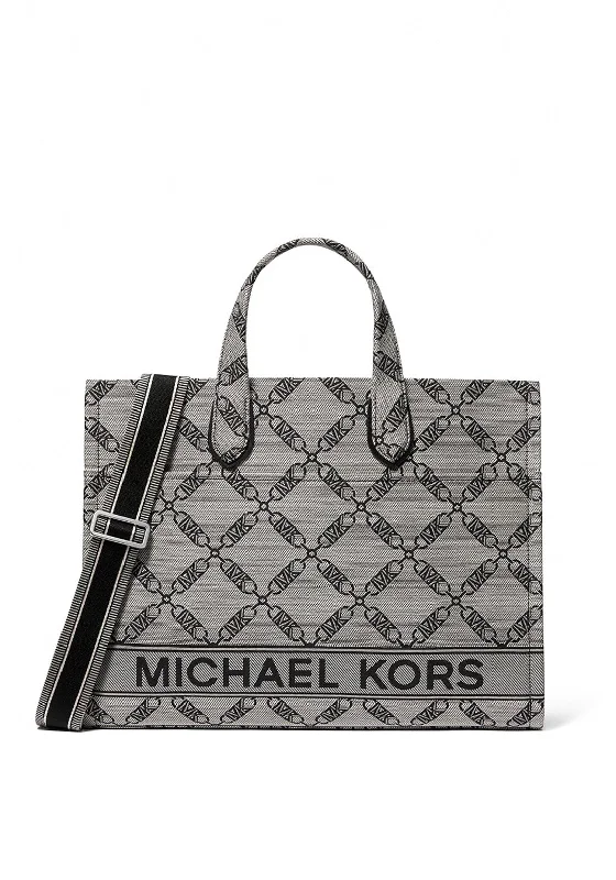 Women's Tote Bag with Detachable Pouch in Purple for Added ConvenienceMICHAEL Michael Kors Large Gigi Empire Logo Jacquard Tote Bag, Black
