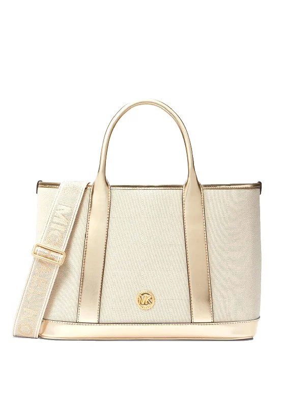 Women's Tote Bag with Detachable Pouch in Purple for Added ConvenienceMichael Kors Luisa Cotton Canvas Medium Satchel, Natural & Gold