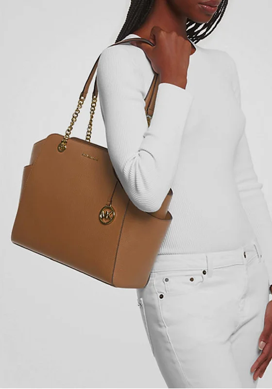 Medium - Sized Canvas Tote Bag in Navy Blue with Striped Pattern for a Nautical - Inspired LookMICHAEL Michael Kors Jacquelyn Chain Detail Tote Bag, Luggage Medium - Sized Canvas Tote Bag in Navy Blue with Striped Pattern for a Nautical - Inspired LookMICHAEL Michael Kors Jacquelyn Chain Detail Tote Bag, Luggage