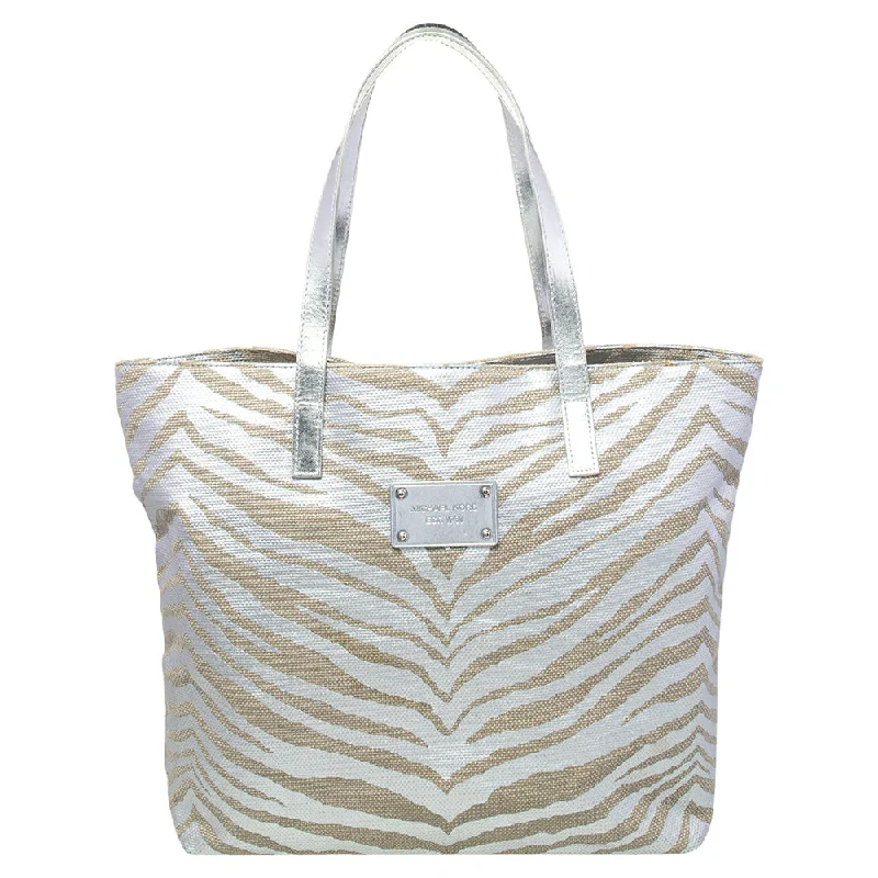 Women's Tote Bag with Zipper Closure in Red for Secure StorageMichael Kors Silver/beige Canvas And Patent Leather Tote Women's Tote Bag with Zipper Closure in Red for Secure StorageMichael Kors Silver/beige Canvas And Patent Leather Tote