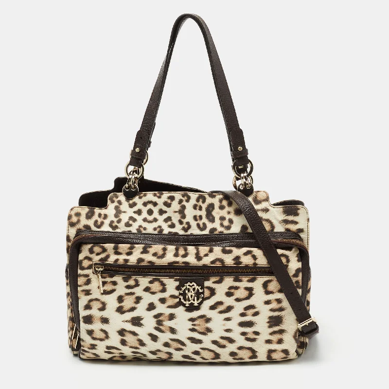 Monogrammed Tote Bag in Brown Leather with Personalized Initials for a Custom and Elegant TouchRoberto Cavalli Brown/beige Leopard Satin And Leather Tote Monogrammed Tote Bag in Brown Leather with Personalized Initials for a Custom and Elegant TouchRoberto Cavalli Brown/beige Leopard Satin And Leather Tote