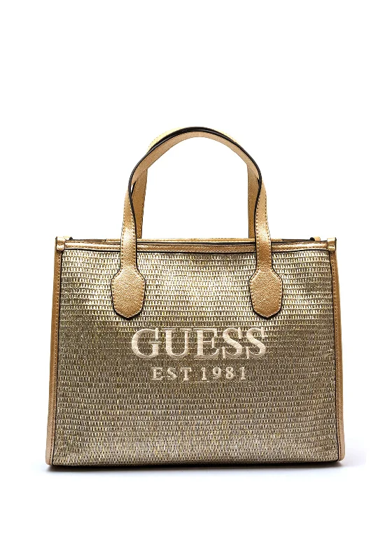 Women's Tote Bag with Inner Compartments in Gray for Organizing Everyday EssentialsGuess Silvana Woven Tote Bag, Gold Women's Tote Bag with Inner Compartments in Gray for Organizing Everyday EssentialsGuess Silvana Woven Tote Bag, Gold