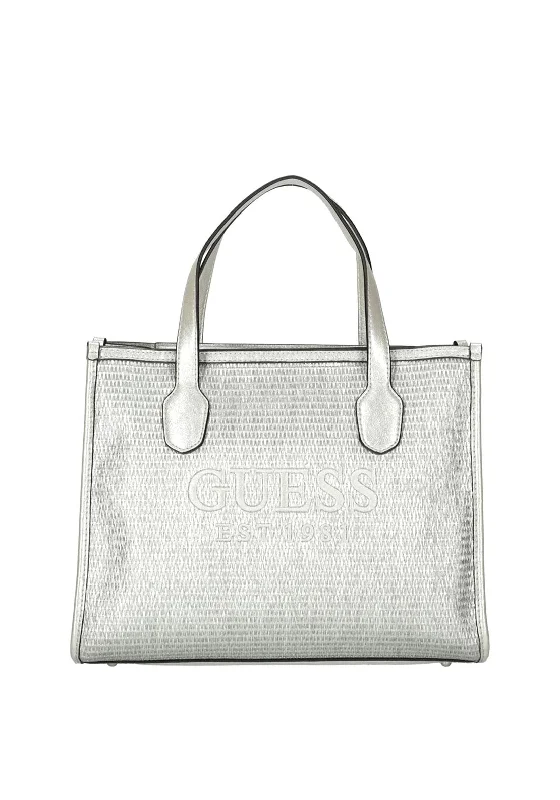 Women's Tote Bag with Inner Compartments in Gray for Organizing Everyday EssentialsGuess Silvana Woven Tote Bag, Silver Women's Tote Bag with Inner Compartments in Gray for Organizing Everyday EssentialsGuess Silvana Woven Tote Bag, Silver