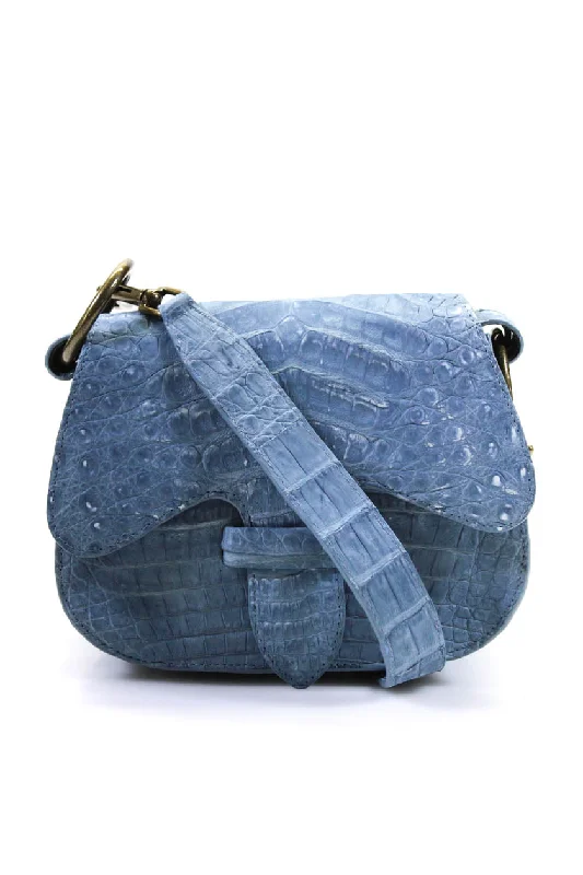 Shoulder Bag with Chain Strap in Silver for a Trendy AppearanceAdriana Castro Womens Croc Leather Magnetic Closure Saddle Bag Faded Denim Blue Shoulder Bag with Chain Strap in Silver for a Trendy AppearanceAdriana Castro Womens Croc Leather Magnetic Closure Saddle Bag Faded Denim Blue