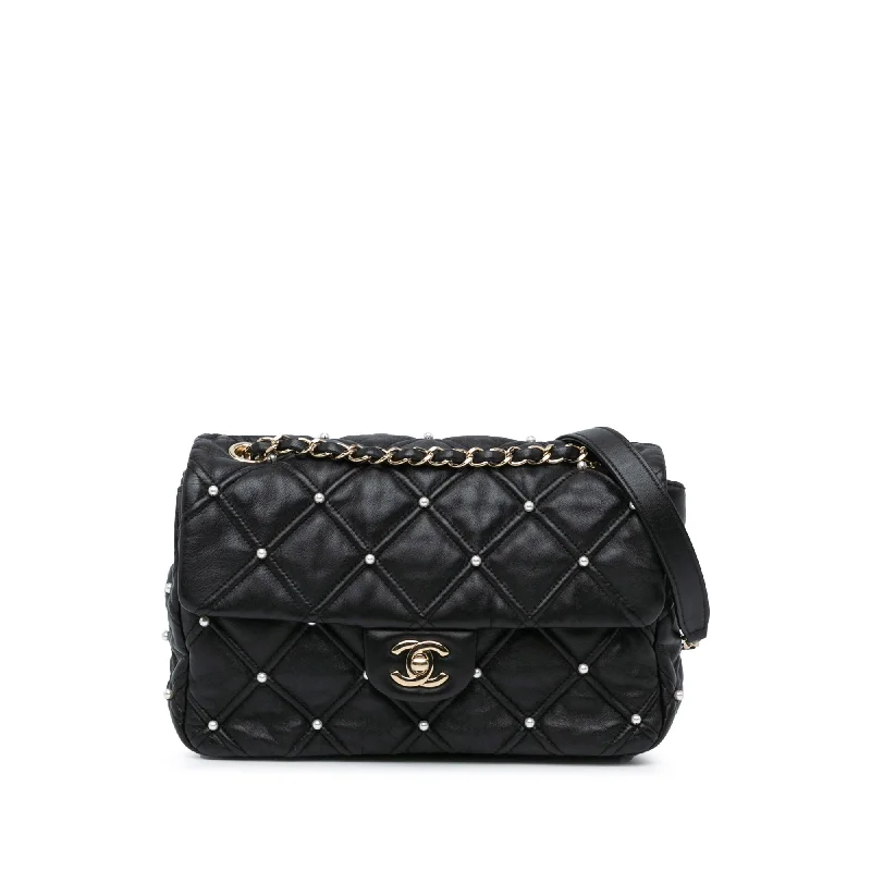 Shoulder Bag with Chain Strap in Silver for a Trendy AppearanceBlack Chanel Medium Quilted Lambskin Pearl Studs Flap Shoulder Bag Shoulder Bag with Chain Strap in Silver for a Trendy AppearanceBlack Chanel Medium Quilted Lambskin Pearl Studs Flap Shoulder Bag