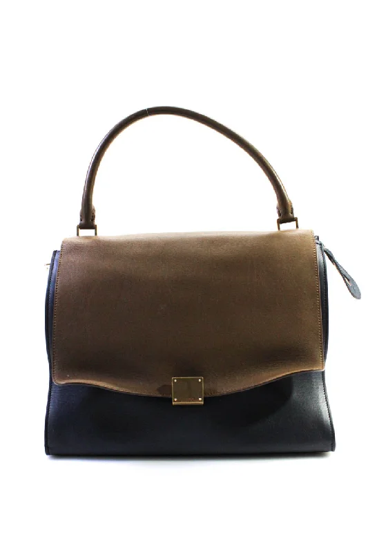 Embroidered Denim Shoulder Bag in Blue for a Vintage VibeCeline Womens Bi Color Flap Medium Top Handle Handbag Brown Navy Blue Leather Embroidered Denim Shoulder Bag in Blue for a Vintage VibeCeline Womens Bi Color Flap Medium Top Handle Handbag Brown Navy Blue Leather