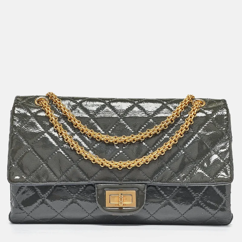 Women's Shoulder Bag with Floral Embroidery in Purple for Spring WalksChanel Grey Quilted Aged Patent Leather Classic 227 Reissue 2.55 Flap Bag Women's Shoulder Bag with Floral Embroidery in Purple for Spring WalksChanel Grey Quilted Aged Patent Leather Classic 227 Reissue 2.55 Flap Bag