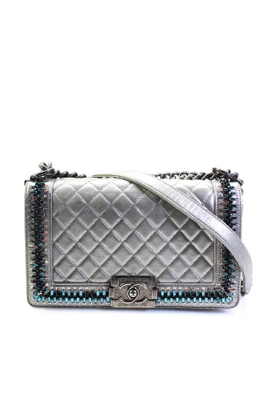Women's Shoulder Bag with Floral Embroidery in Purple for Spring WalksChanel Womens Metallic Quilted Embellished Old Medium Boy Bag Handbag Silver Women's Shoulder Bag with Floral Embroidery in Purple for Spring WalksChanel Womens Metallic Quilted Embellished Old Medium Boy Bag Handbag Silver