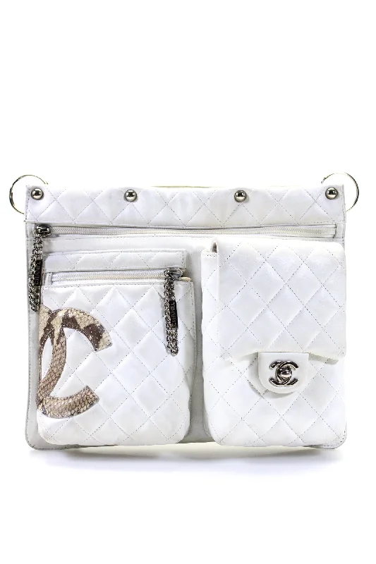 Shoulder Bag with Chain Strap in Silver for a Trendy AppearanceChanel Womens Quilted Leather Snakeskin Cambon CC Pocket Clutch Handbag White Shoulder Bag with Chain Strap in Silver for a Trendy AppearanceChanel Womens Quilted Leather Snakeskin Cambon CC Pocket Clutch Handbag White