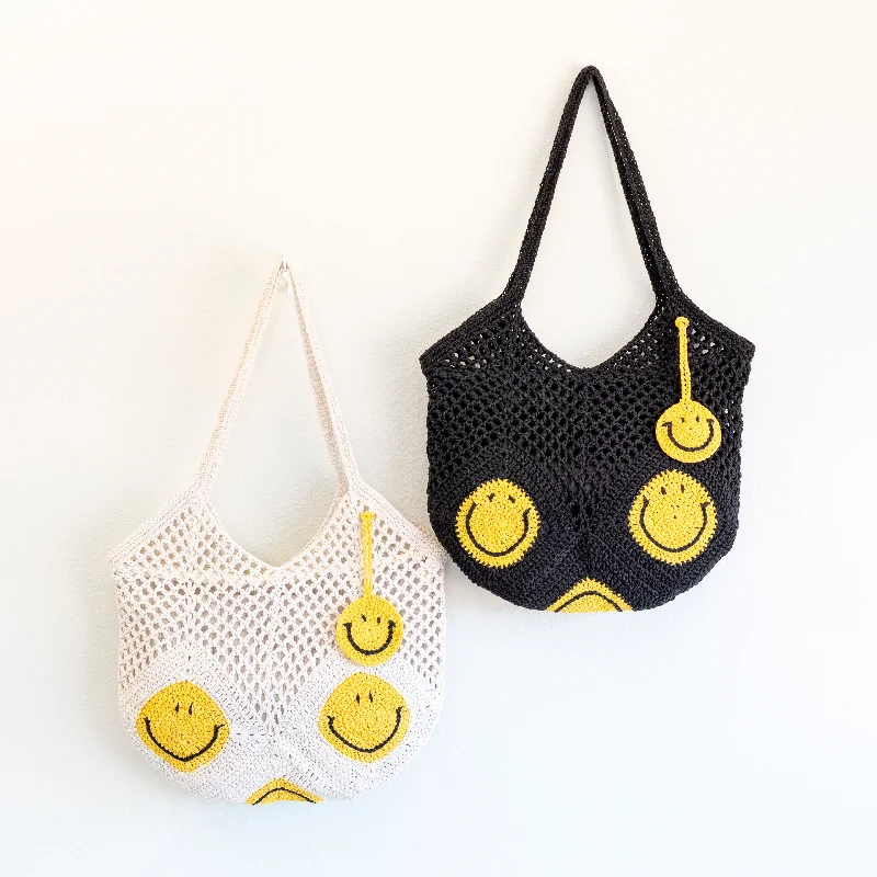 Women's Canvas Shoulder Bag in Navy with Striped Pattern for Beach TripsElena Handbags Cotton Crochet Handmade Shoulder Bag with Smiley Face Design Women's Canvas Shoulder Bag in Navy with Striped Pattern for Beach TripsElena Handbags Cotton Crochet Handmade Shoulder Bag with Smiley Face Design