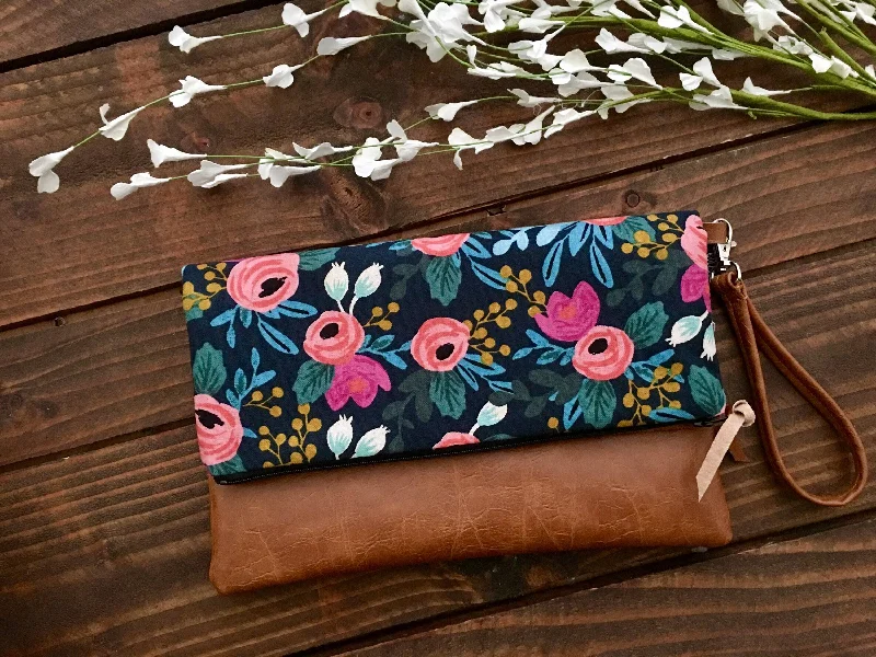 Women's Metallic Leather Clutch in Rose Gold for Valentine's DateFold Over Clutch - Coral Floral In Midnight with Vegan Leather - Detachable Wristlet Women's Metallic Leather Clutch in Rose Gold for Valentine's DateFold Over Clutch - Coral Floral In Midnight with Vegan Leather - Detachable Wristlet