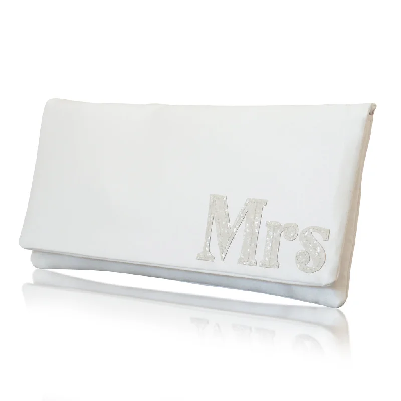 Leather Clutch with Chain Strap in Black for Cocktail PartiesIvory satin MRS serif wedding day bridal clutch handbag Leather Clutch with Chain Strap in Black for Cocktail PartiesIvory satin MRS serif wedding day bridal clutch handbag
