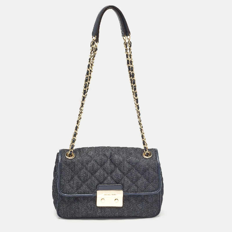 Leather Shoulder Bag with Magnetic Closure in Black for Quick AccessMichael Kors Navy Blue Quilted Denim And Leather Sloan Shoulder Bag Leather Shoulder Bag with Magnetic Closure in Black for Quick AccessMichael Kors Navy Blue Quilted Denim And Leather Sloan Shoulder Bag