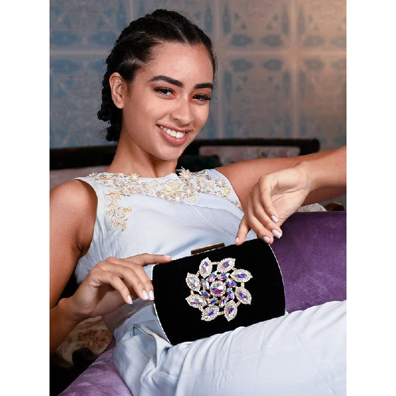 Mirrored Clutch in Silver for Futuristic - Themed GatheringsOdette Classic Jet Black Velvet Clutch Bag with Studded Mirrored Clutch in Silver for Futuristic - Themed GatheringsOdette Classic Jet Black Velvet Clutch Bag with Studded