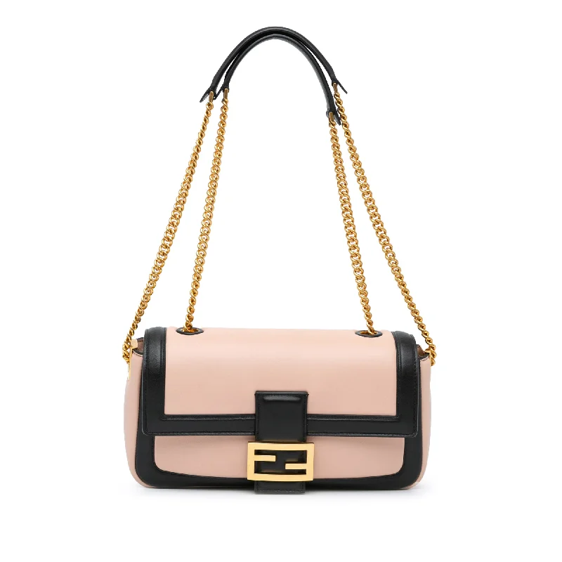 Shoulder Bag with Chain Strap in Silver for a Trendy AppearancePink Fendi Bicolor Leather Chain Midi Baguette Shoulder Bag Shoulder Bag with Chain Strap in Silver for a Trendy AppearancePink Fendi Bicolor Leather Chain Midi Baguette Shoulder Bag