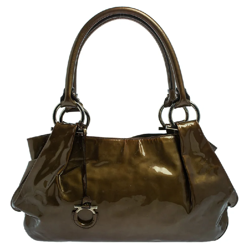 Women's Large Leather Shoulder Bag in Brown with Multiple Compartments for WorkSalvatore Ferragamo Olive Patent Leather Shoulder Bag Women's Large Leather Shoulder Bag in Brown with Multiple Compartments for WorkSalvatore Ferragamo Olive Patent Leather Shoulder Bag