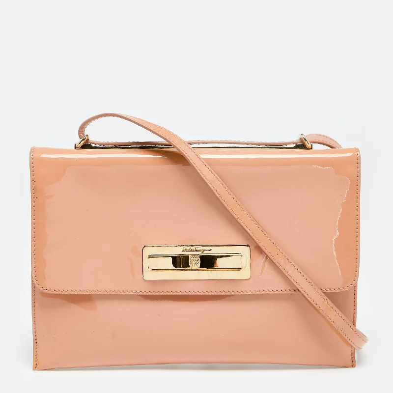 Leather Shoulder Bag with Magnetic Closure in Black for Quick AccessSalvatore Ferragamo Peach Patent Leather Metal Bow Flap Shoulder Bag Leather Shoulder Bag with Magnetic Closure in Black for Quick AccessSalvatore Ferragamo Peach Patent Leather Metal Bow Flap Shoulder Bag