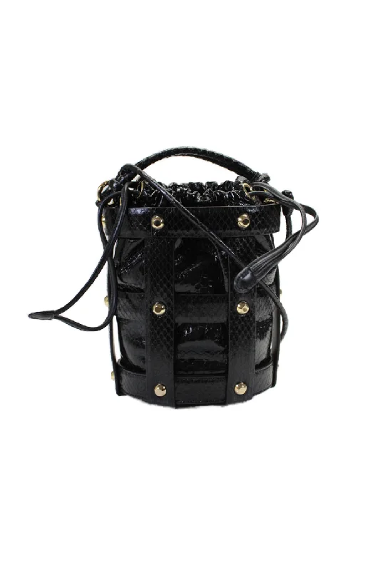 Crossbody Shoulder Bag in Black Leather with Gold Hardware for Night OutsSalvatore Ferragamo Womens Leather Cage Drawstring Studded Bucket Handbag Black Crossbody Shoulder Bag in Black Leather with Gold Hardware for Night OutsSalvatore Ferragamo Womens Leather Cage Drawstring Studded Bucket Handbag Black