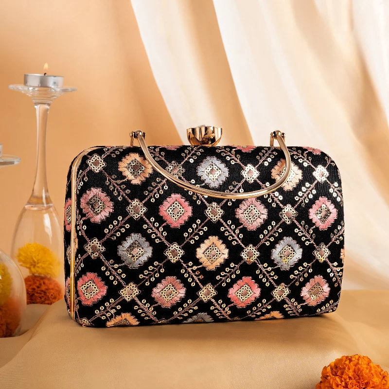 Mirrored Clutch in Silver for Futuristic - Themed GatheringsTeejh Sanvi Phulkari Threadwork Clutch Mirrored Clutch in Silver for Futuristic - Themed GatheringsTeejh Sanvi Phulkari Threadwork Clutch