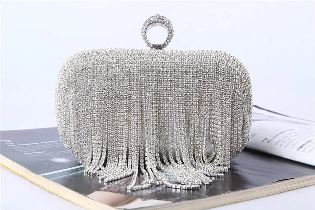 Pearl - Embellished Clutch in Cream for Bridal ShowersTassel Rhinestone Silver Clutch