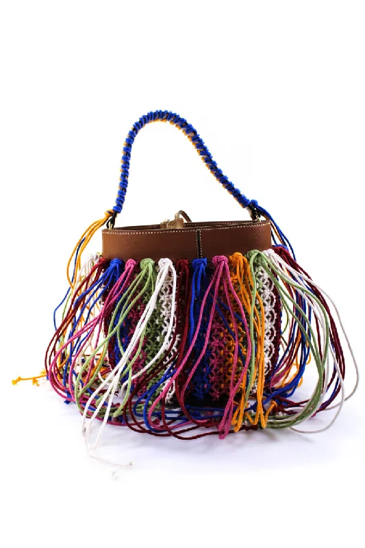 Women's Shoulder Bag with Faux Fur Strap in White for Winter StyleTods Womens Mini Leather Macrame Bucket Bag Handbag Brown Mulitcolor