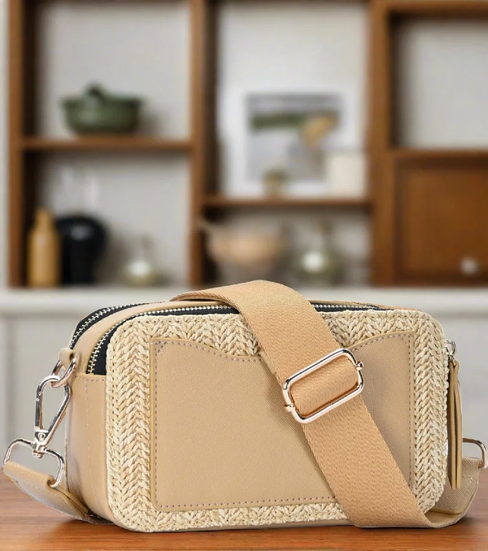 Large Faux Leather Crossbody Bag in Brown with Tassel Details for Casual TravelBGS6844 Helena Straw Crossbody Bag With Leather Paneling Large Faux Leather Crossbody Bag in Brown with Tassel Details for Casual TravelBGS6844 Helena Straw Crossbody Bag With Leather Paneling
